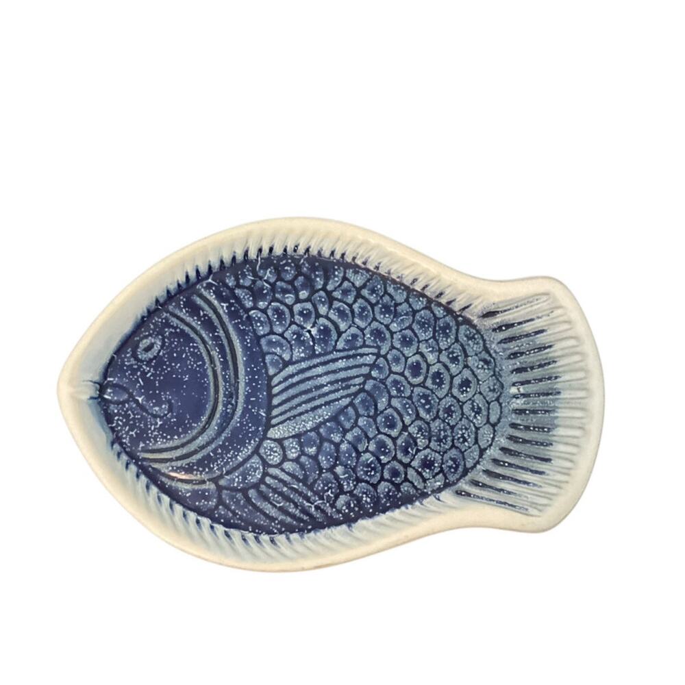 Art Pottery Deep Blue Glazed Fish Serving Platter 12.5" X8" X 1"